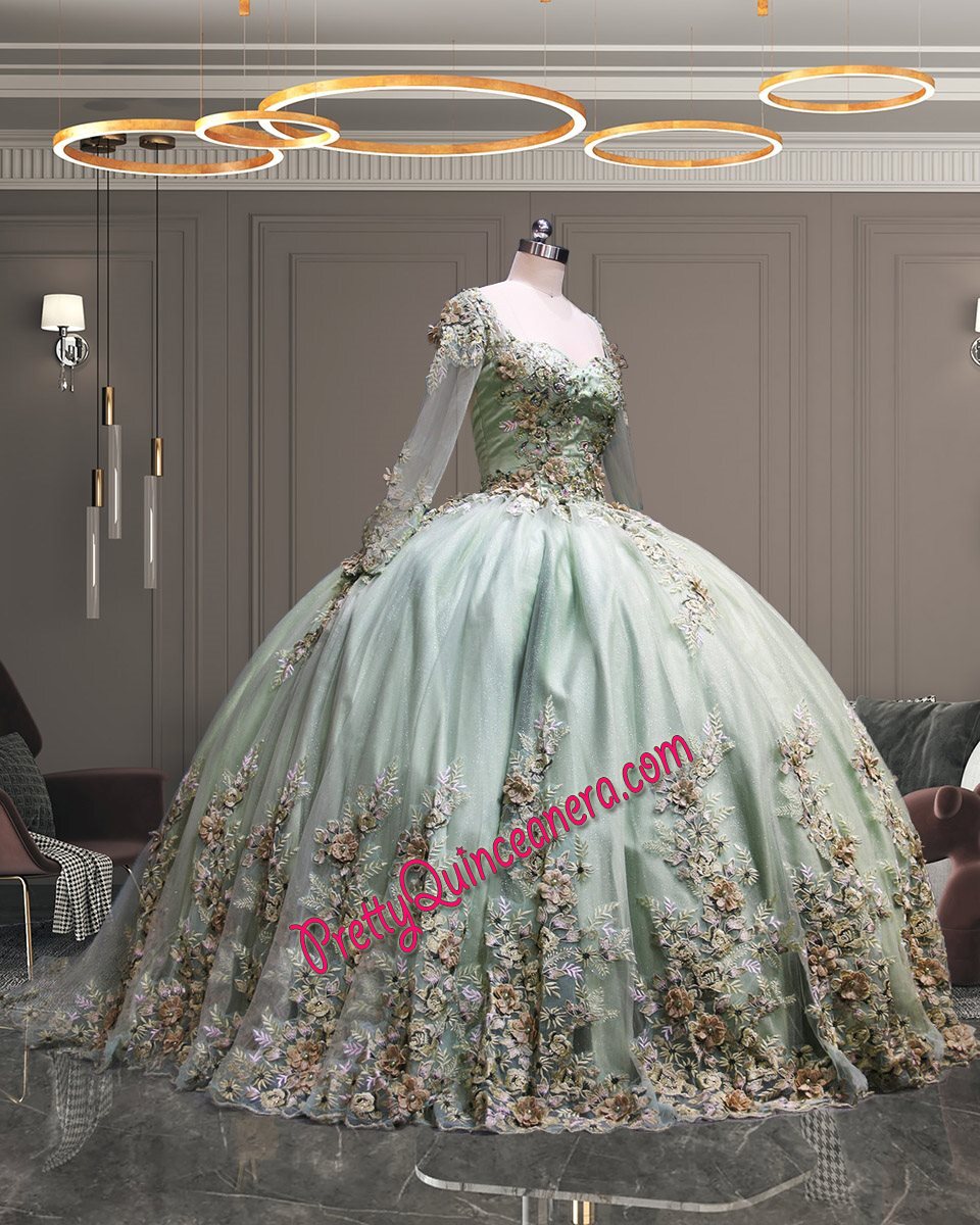 Sage Color Long Sleeves Open Back Floral Quinceanera Dress