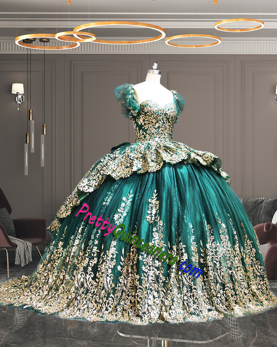 Emerald Green and Gold Glitter Tulle Peplum Skirt Detachable Puff Sleeve Quinceanera Dress