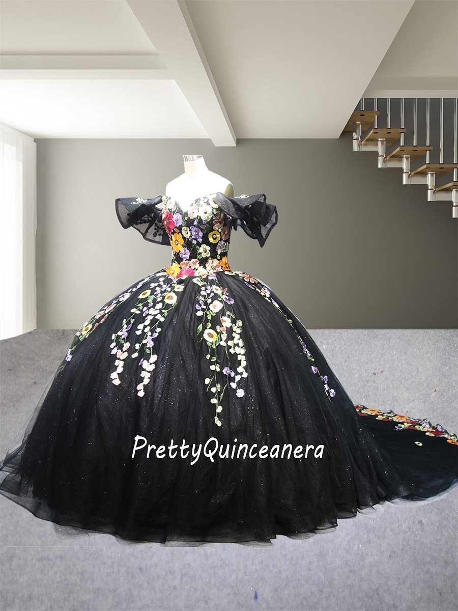 Mexican Black Glitter Tulle Multi-color Floral Cap Sleeve Quinceanera Dress with Train