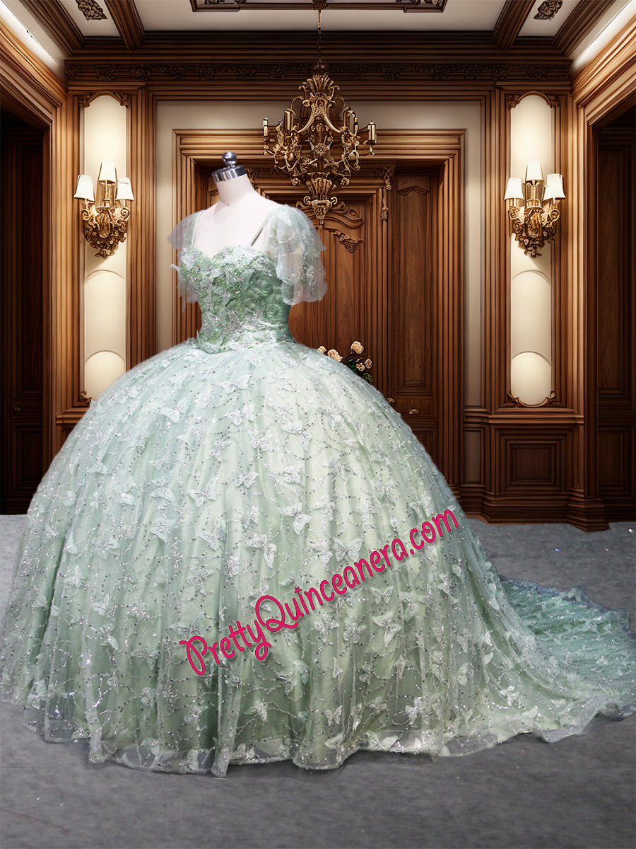 Sage Green Full Beaded 3D Butterfly Lace Straps Quinceanera Dress Wholesale