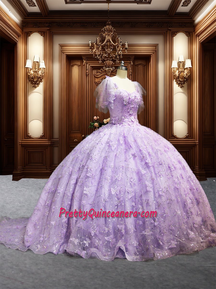 Stunning Lilac 3D Butterfly Full Lace Cap Sleeves Quinceanera Dress with Train