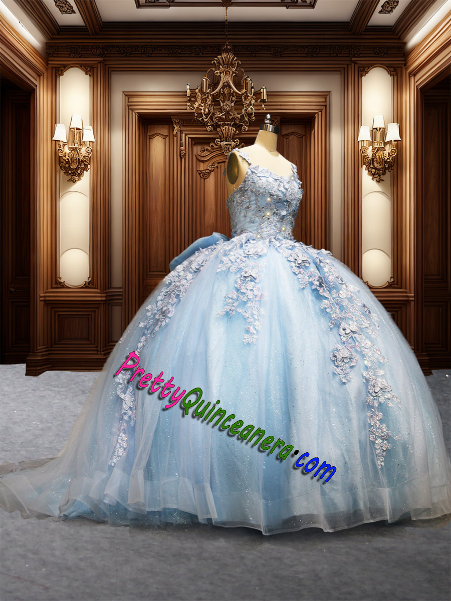Glitter Tulle Blush Straps Lace up Closure Bow Quinceanera Dress Sweep Train