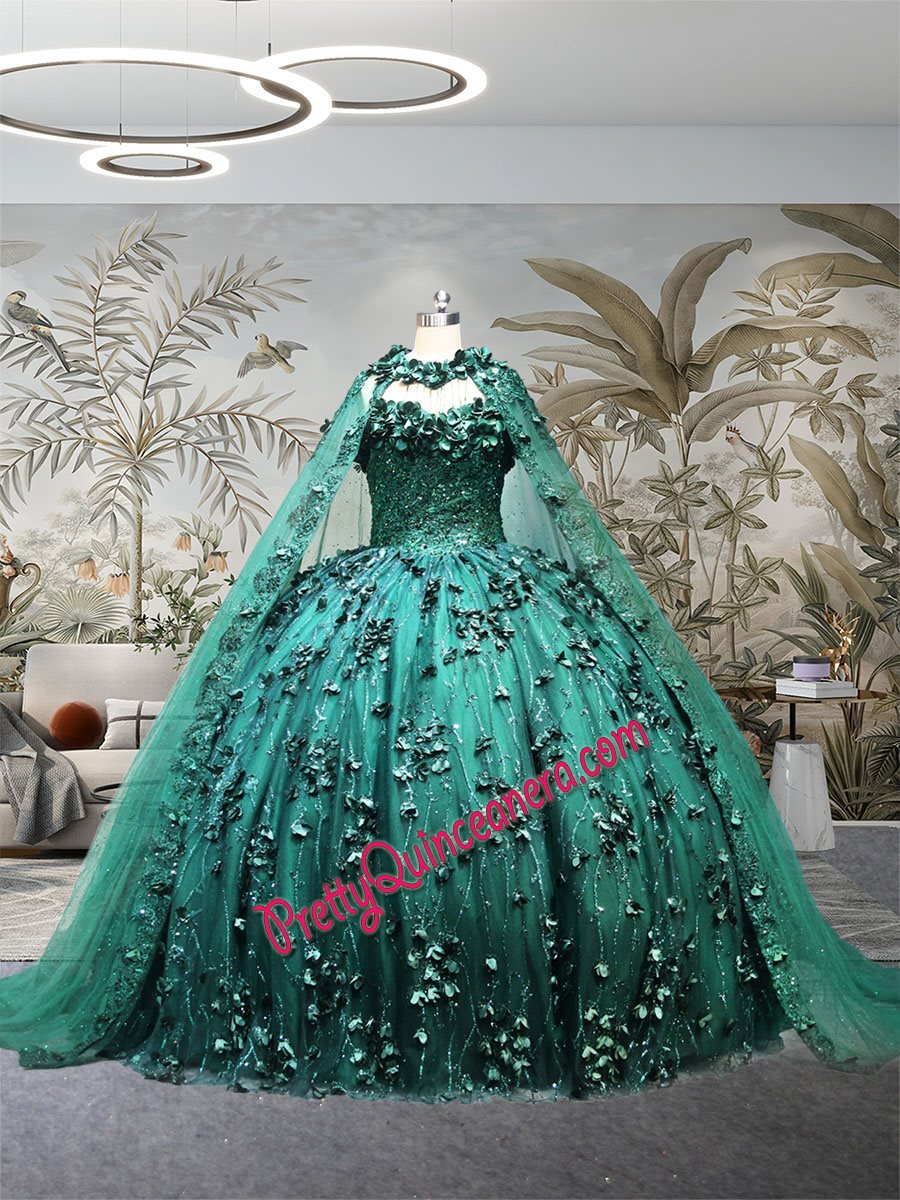 Glitter Tulle with Tonal Beadwork and 3D Flowers Sheer Cape Floral Quinceanera Dress