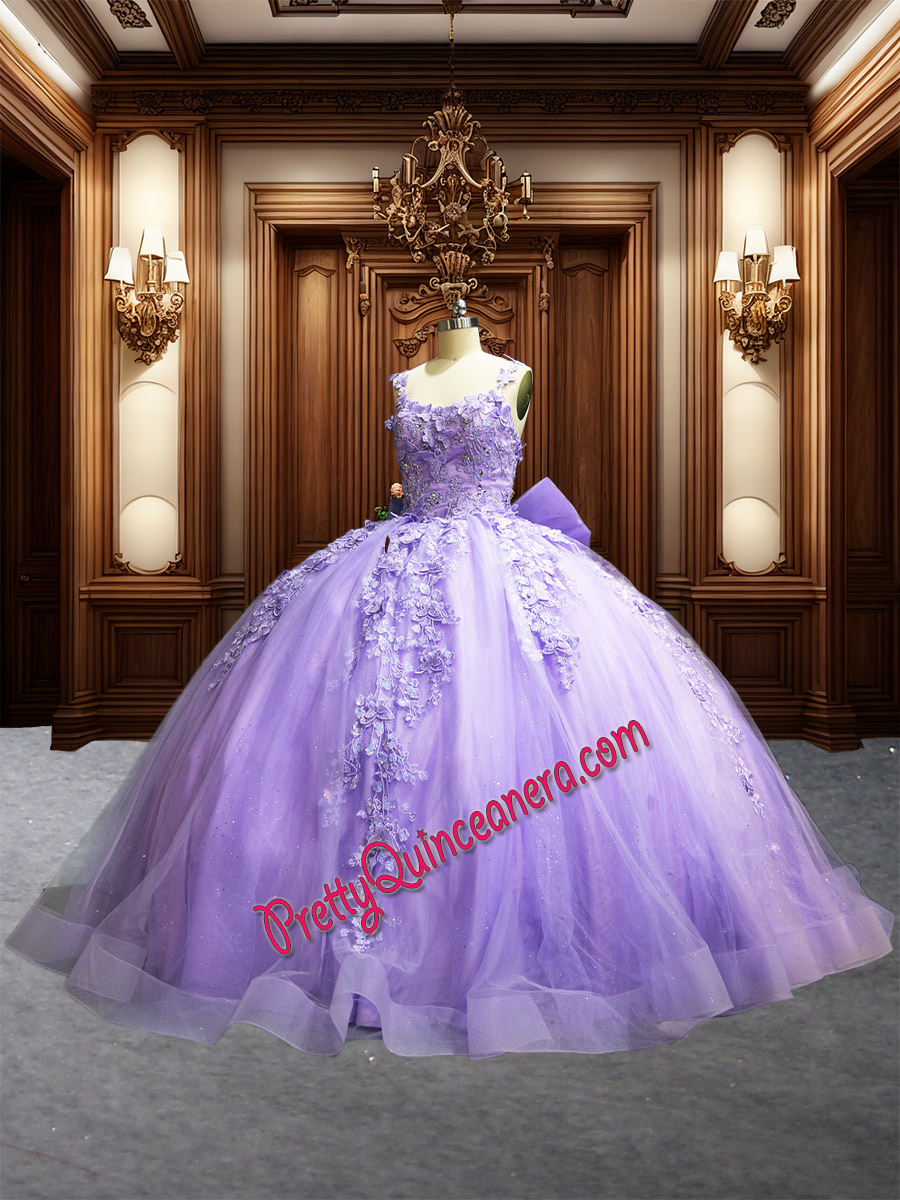 Lilac Sequined 3D Butterfly Straps Quinceanera Dress with Bow and Train
