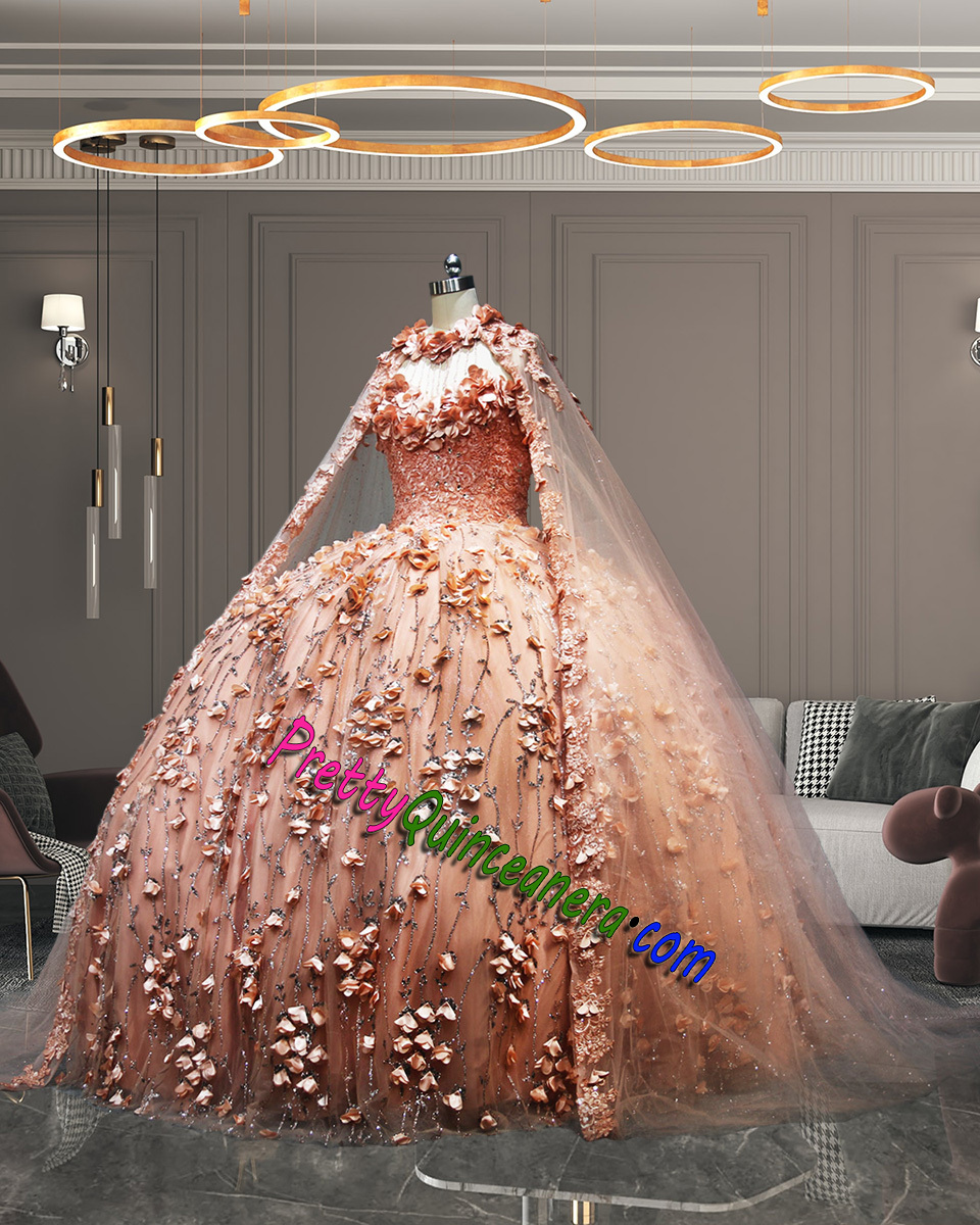 Rose Gold Glitter Long Cape Strapless 3D flowers Quinceanera Dress with Sweep Train