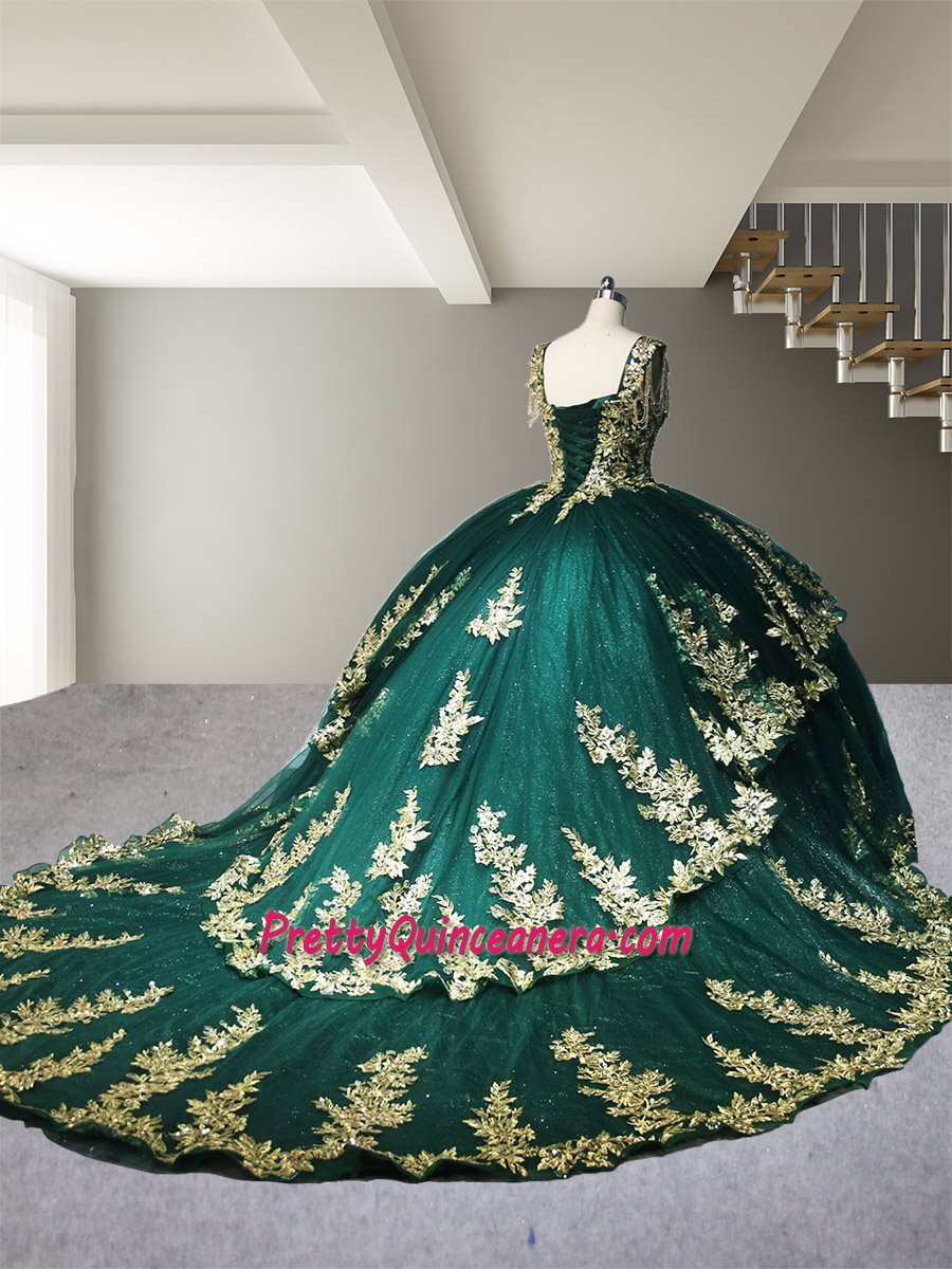 Beautiful and Unique Glitter Emerald Green and Gold Quinceanera Dress with Royal Train