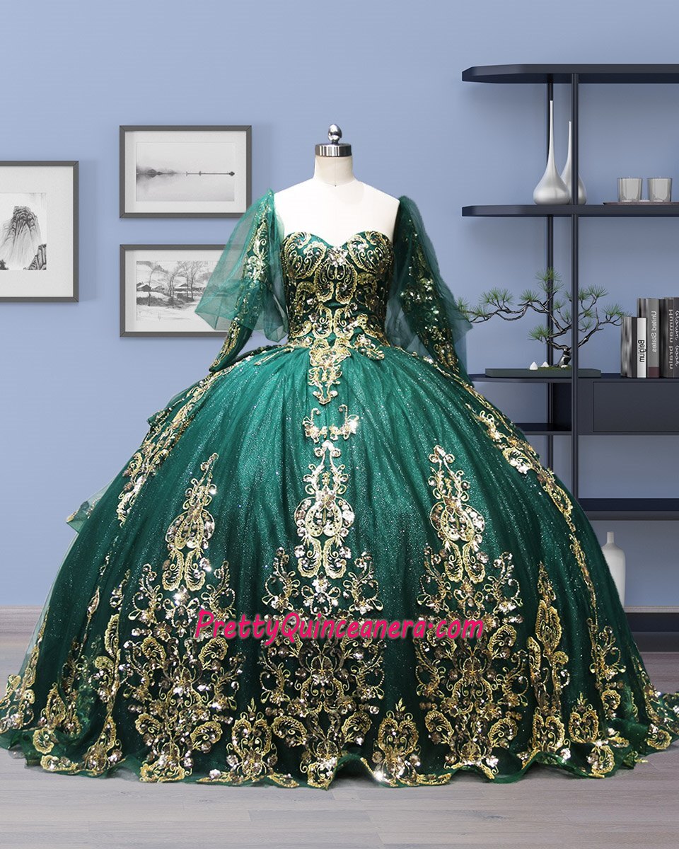 Dark Green Detachable Long Sleeves Sweep Train Quinceanera Dress with Gold Appliques