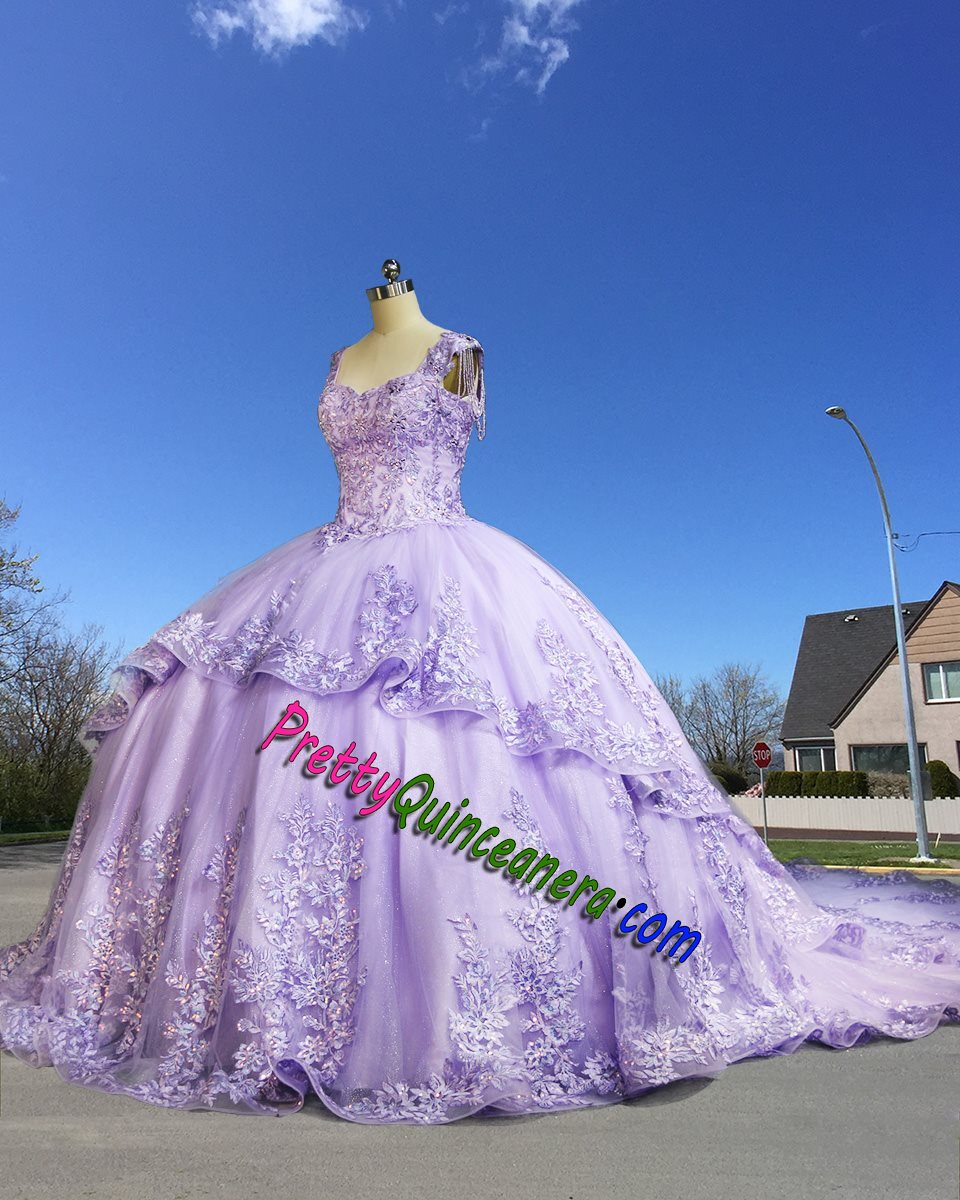 Elegant Lavender Big Train Beading Cap Sleeve Quinceanera Dress with Hanging Detail