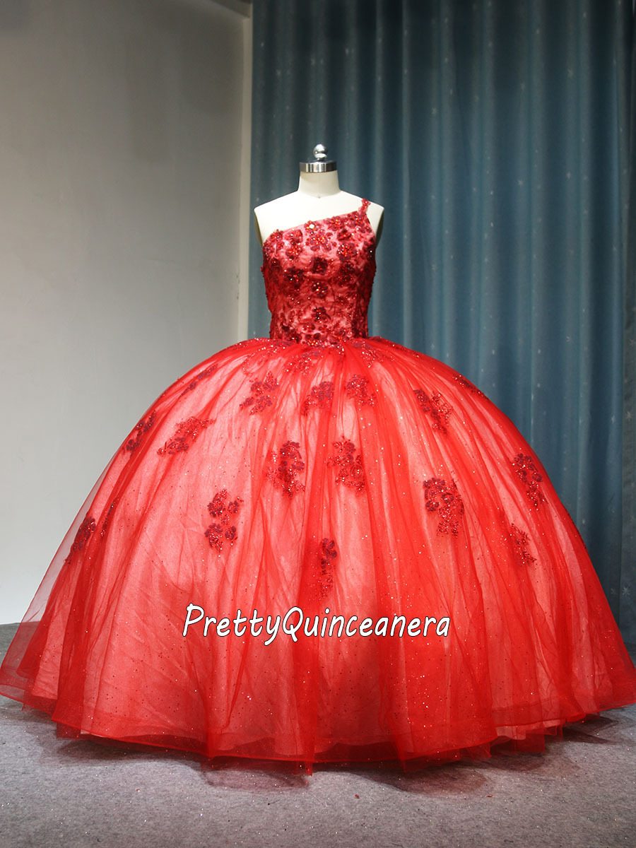 Red and Champagne One Shoulder Glitter Appliques Quinceanera Dress