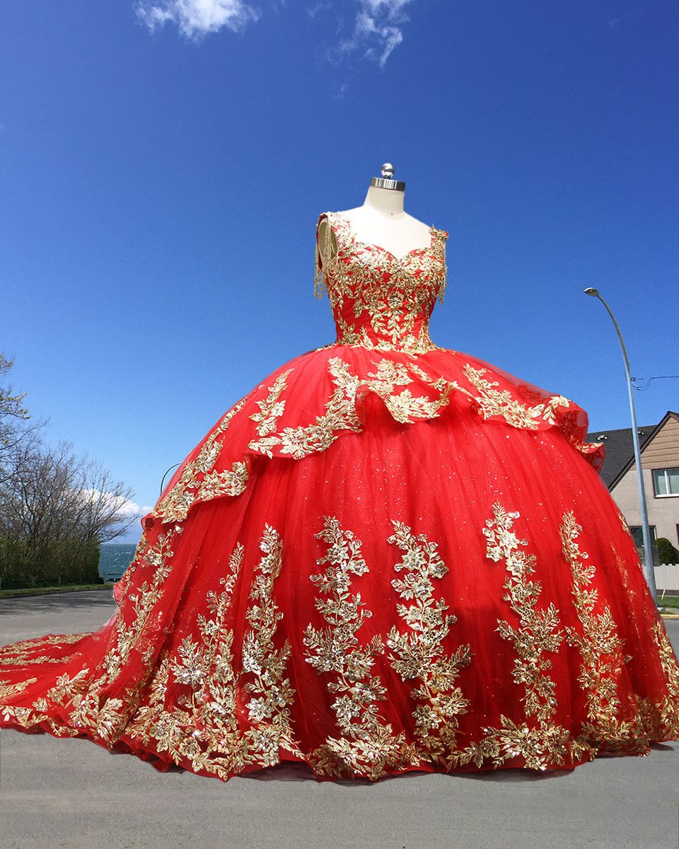 Red and Gold Sweetheart Hanging Beading detachable Shoulder Straps Quinceanera Dress