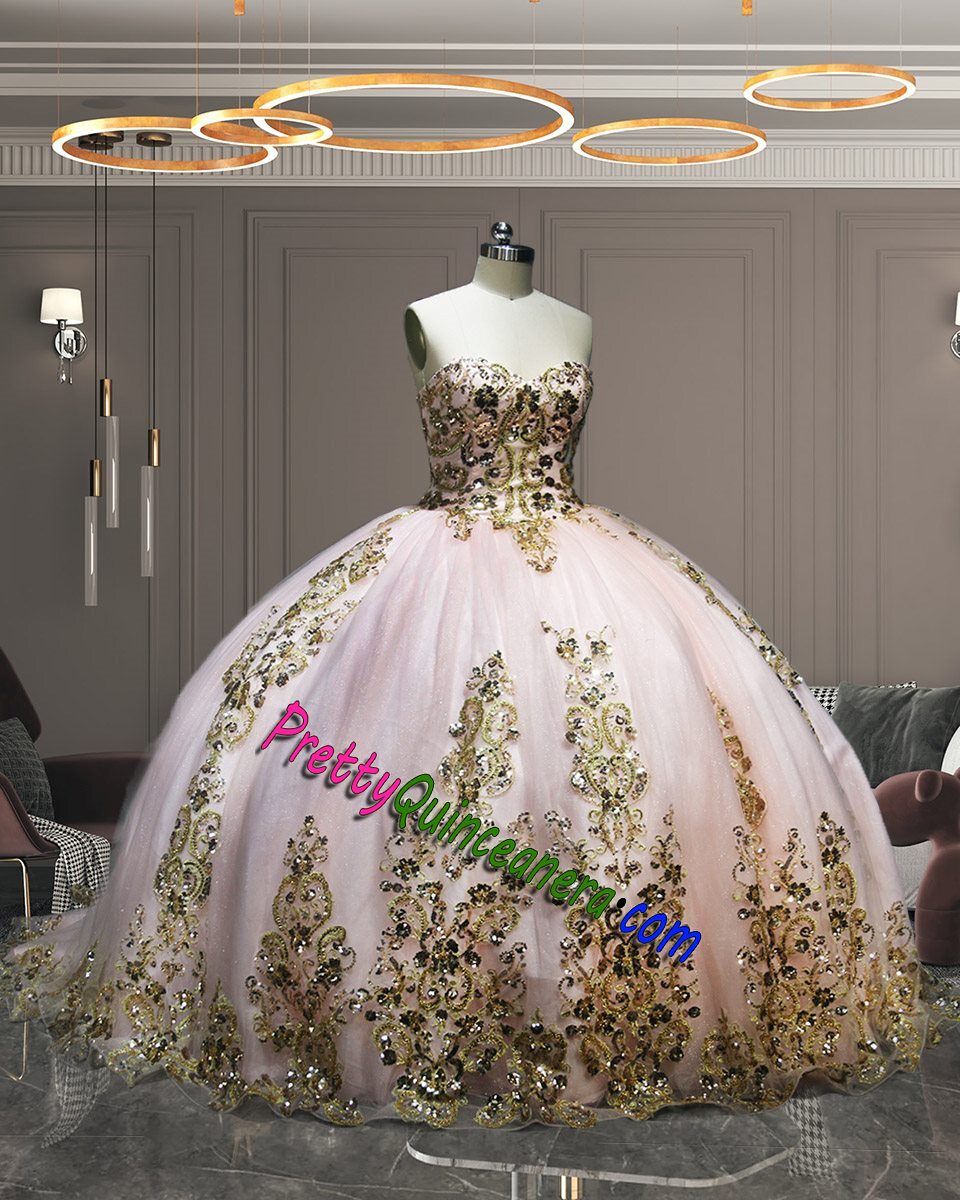 Removable Strapless Puff Sleeve Gold Beaded Quinceanera Dress Tiered Skirt