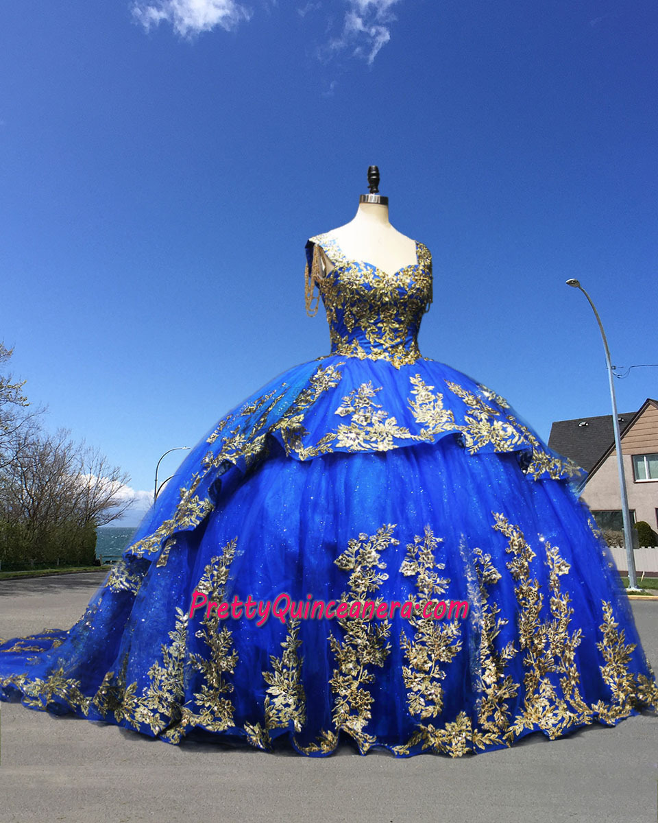 Tiered Skirt Royal Train Quinceanera Dress with Gold Sequined Appliques