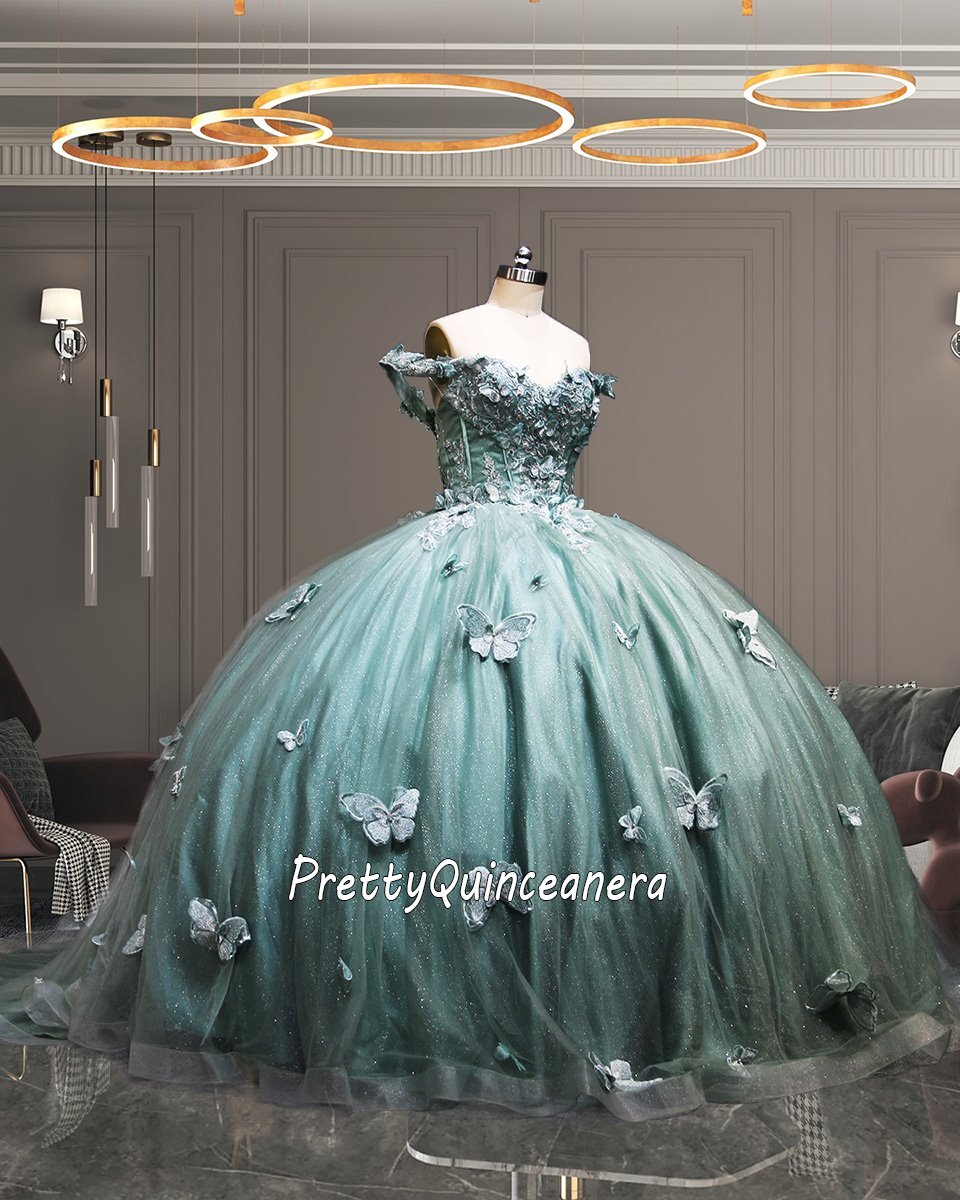 Cheap SeaFoam Blue Off Shoulder 3D Butterfly Sage Quinceanera Dress with Train