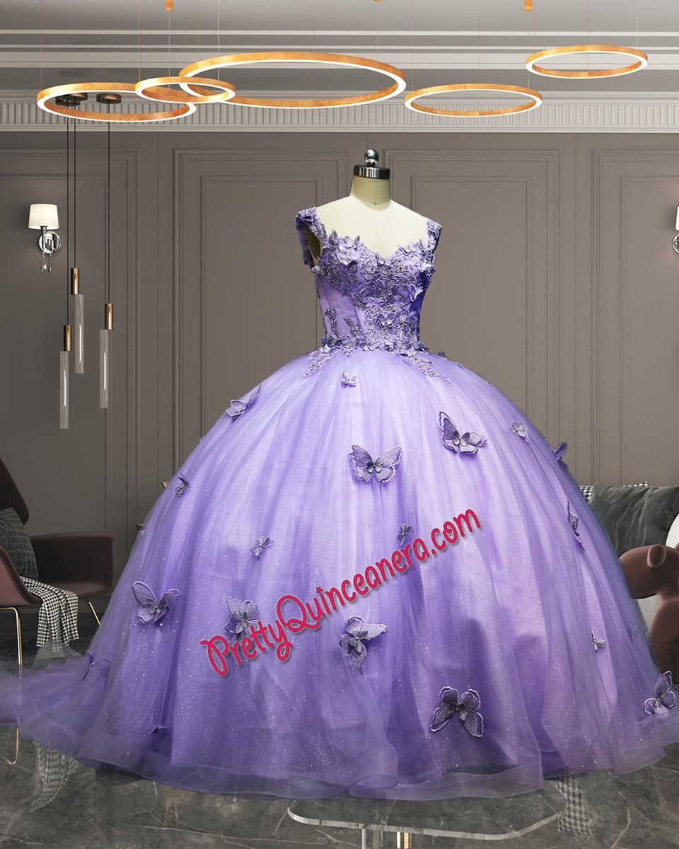 Garden Themed Butterfly Ball Gown Lace Up Back Corset Lilac Quinceanera Dress