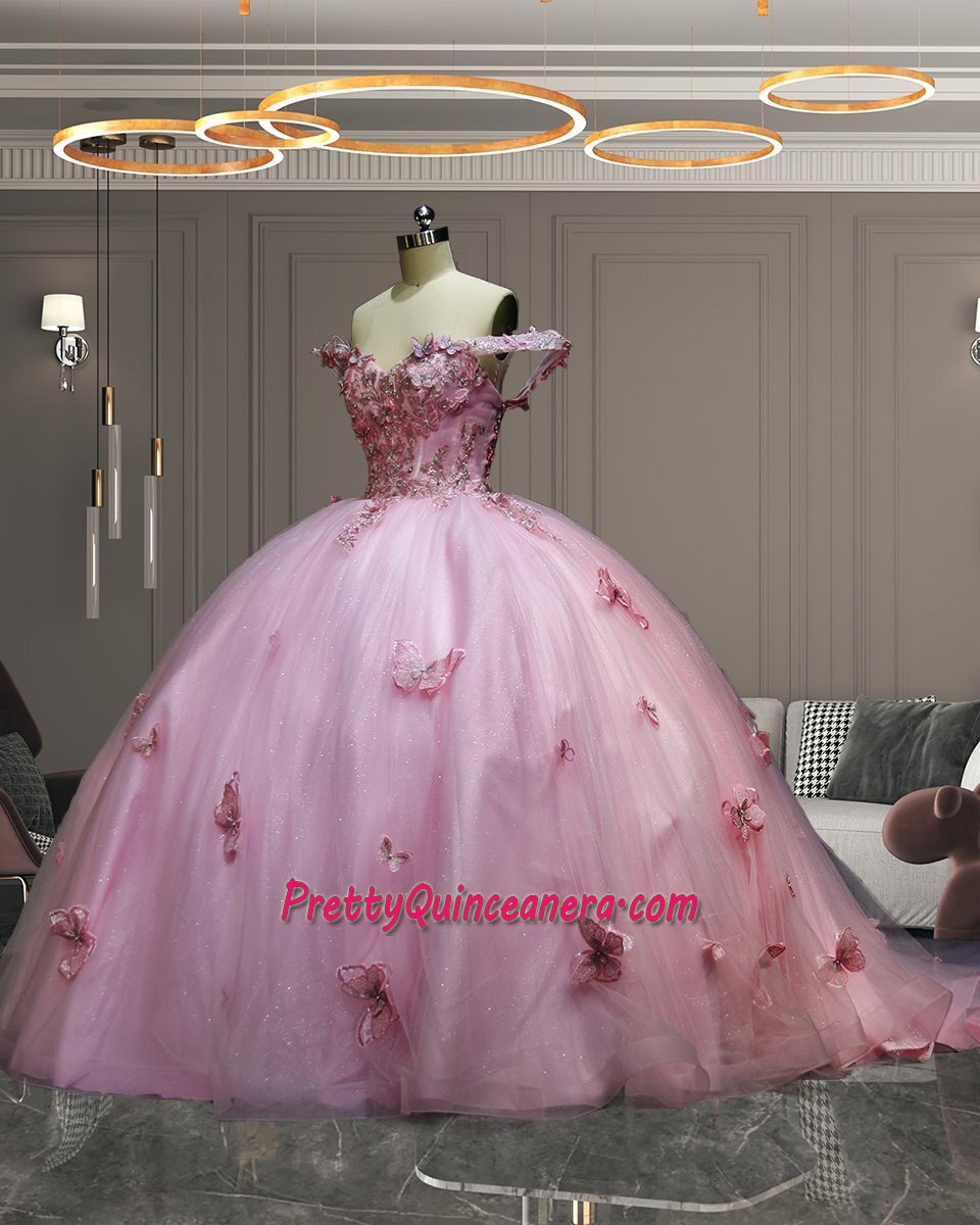 Pink Color 3D Buttterfly Princess Off Shoulder Cathedral Train Quinceanera Dress