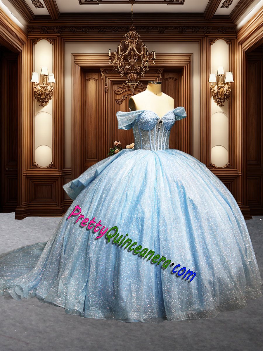 Affordable Light Blue Off Shoulder Illusion Top Ruffled Back Quinceanera Dress