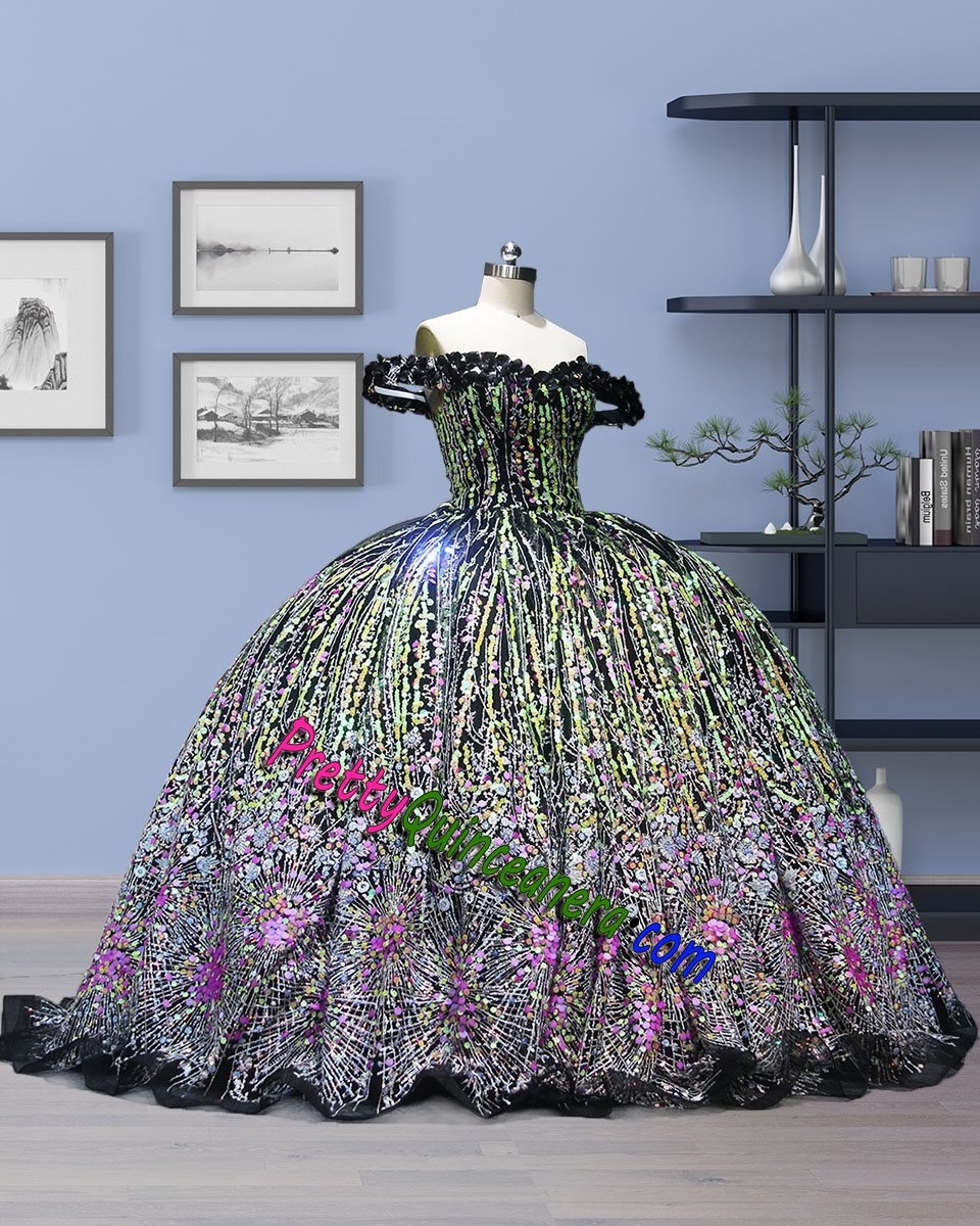Black Multicolor Sequins Off Shoulder 3D Flowers Lace-up Back Quinceanera Gown