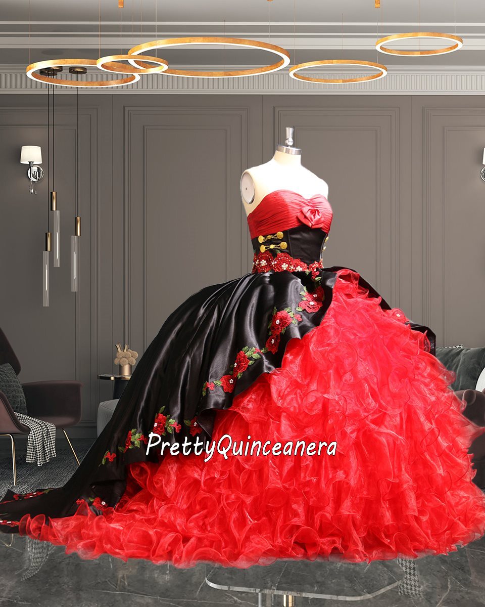 Black Satin and Red Organza Ruffles Rose Flowers Quinceanera Gown with Gold Buttons