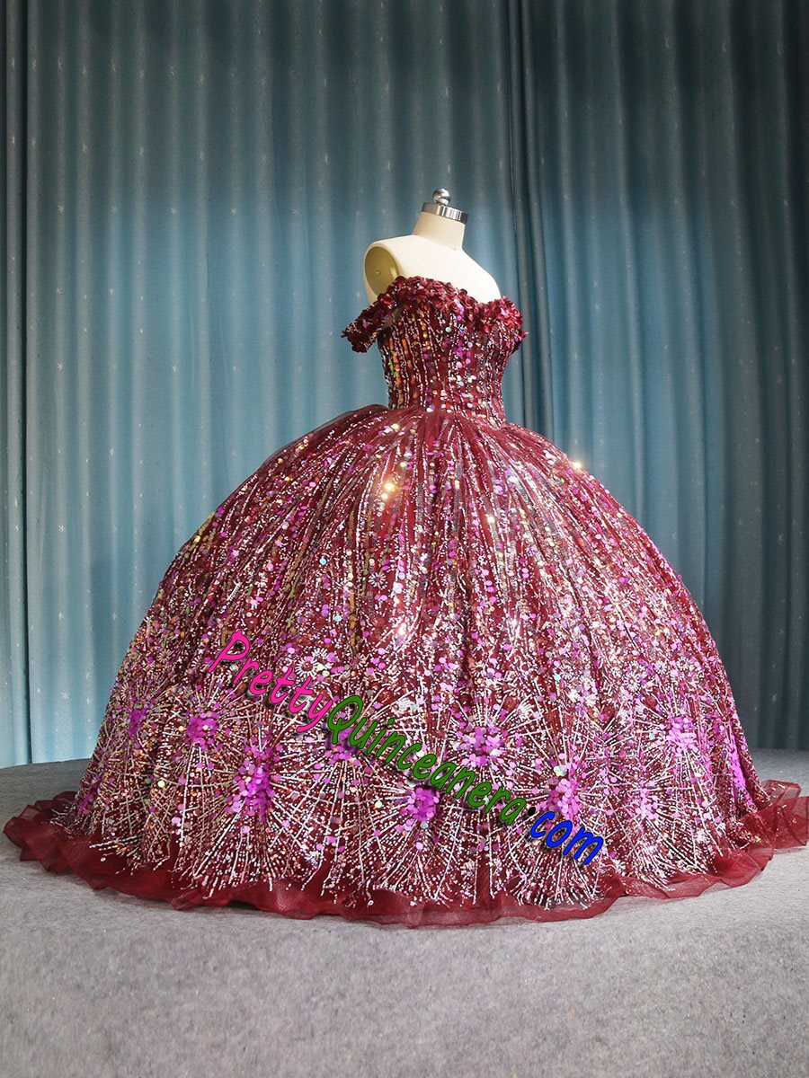 Dark Red Colorful Sequins Off the Shoulder Mexican Quinceanera Dress