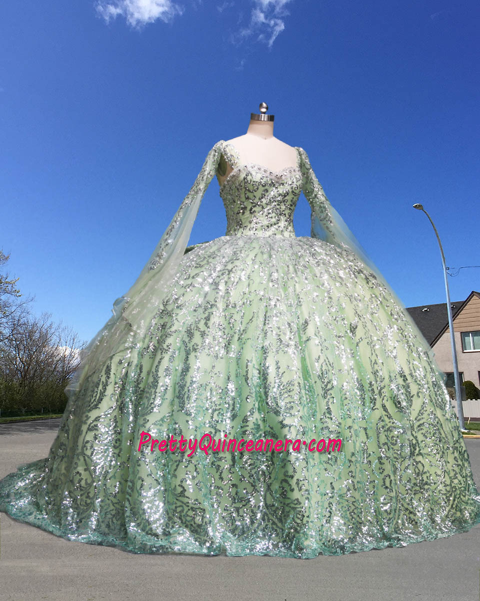 Detachable Long Sleeve Ombre Silver Sage Sequin Quinceanera Dress with Bow and Bolero