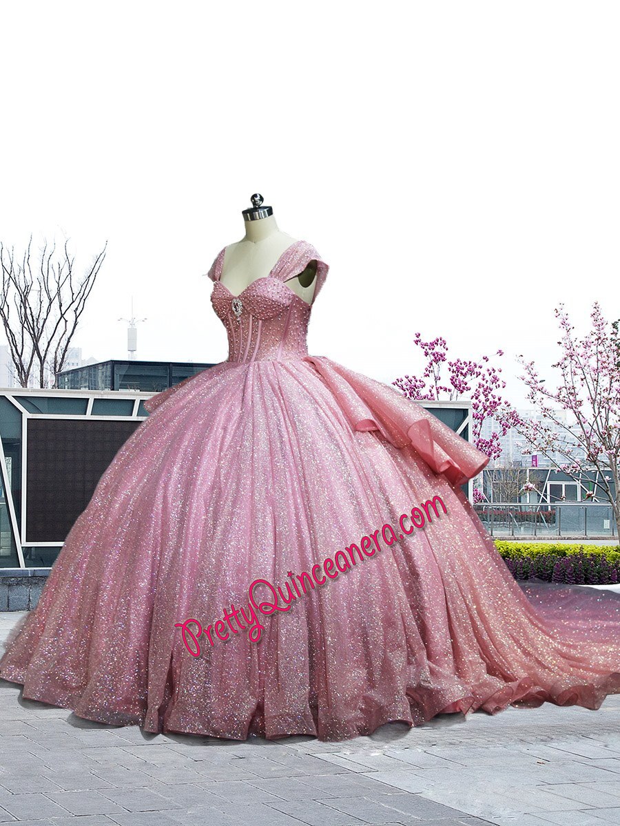 Dusty Pink Sparkly Tulle Big Dazzling Ballet Quinceanera Dress with Train