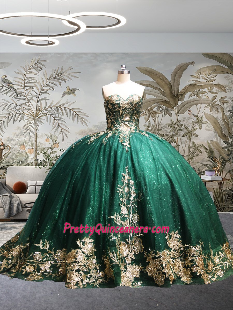 Emerald Gold Glitter Tulle Sequin Spplique Horsehair Trims Quinceanera Gown