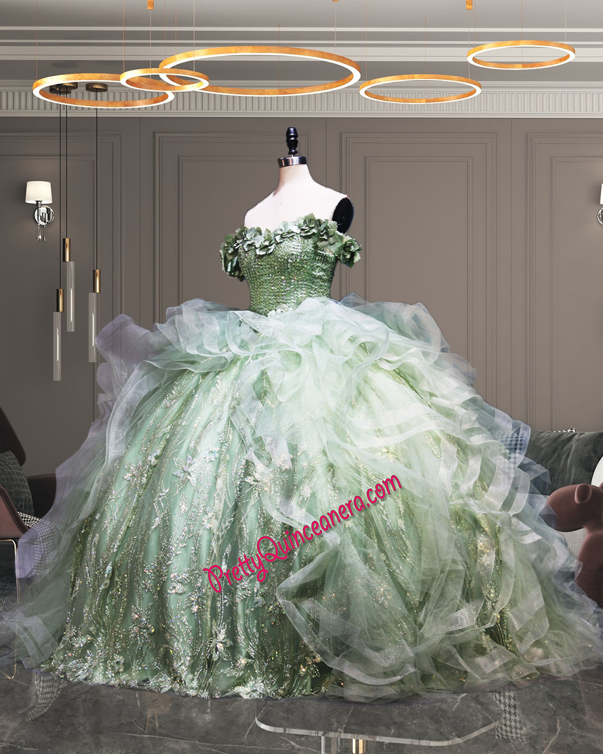 Floral Glitter Tulle Sage Sequins Lace Ruffles Tiere Quinceanera Dress Vestidos De Quinceanera