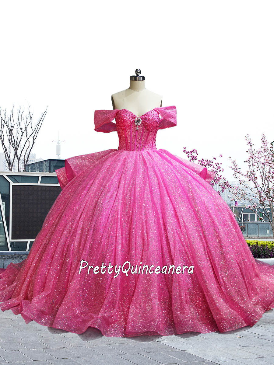 Fuchsia Color Pearls Beading Illusion Bodice Quinceanera Dress Hot Pink