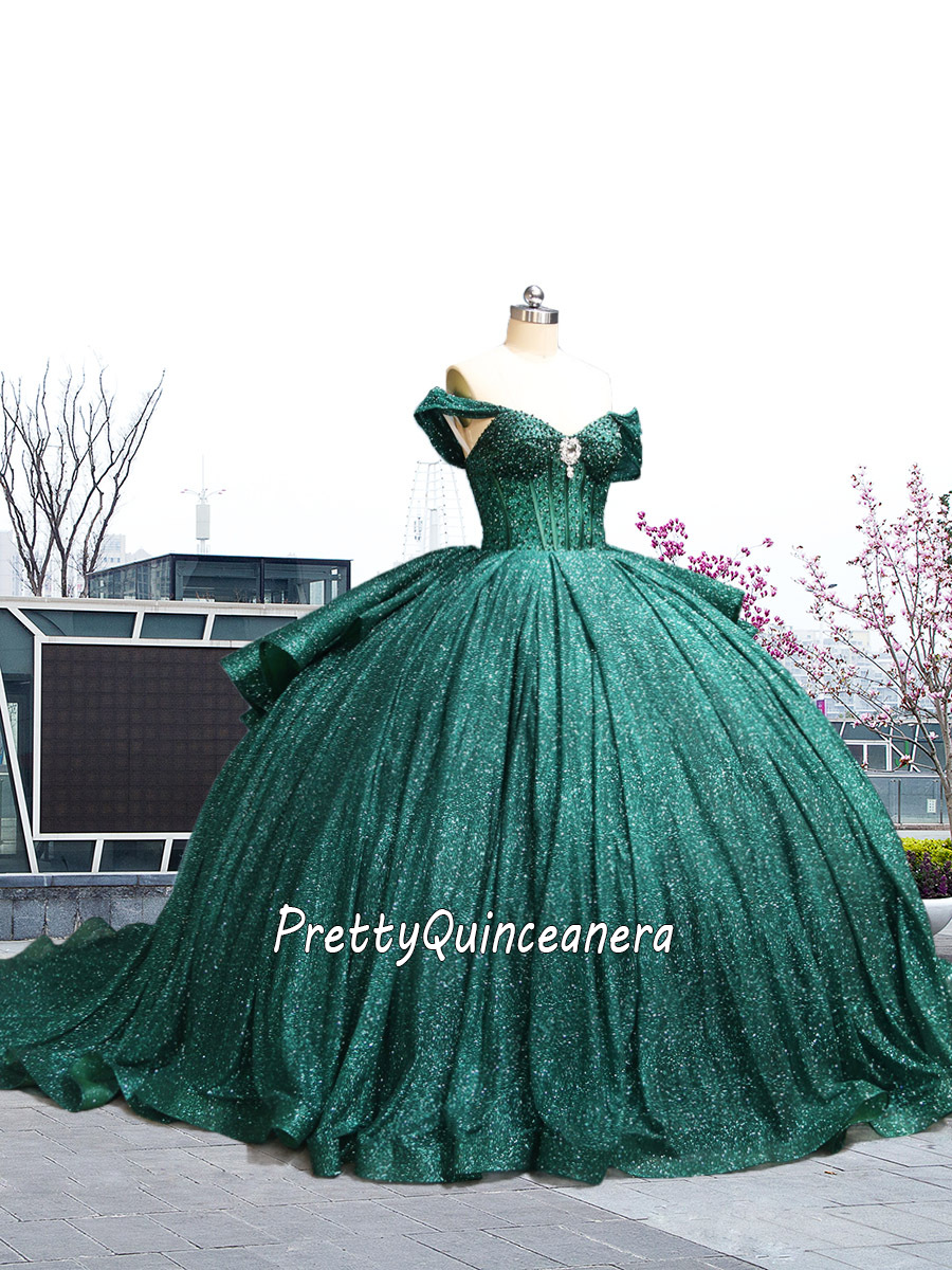 Glitter Emerald Green Off the Shoulder Beading Quinceanera Dress