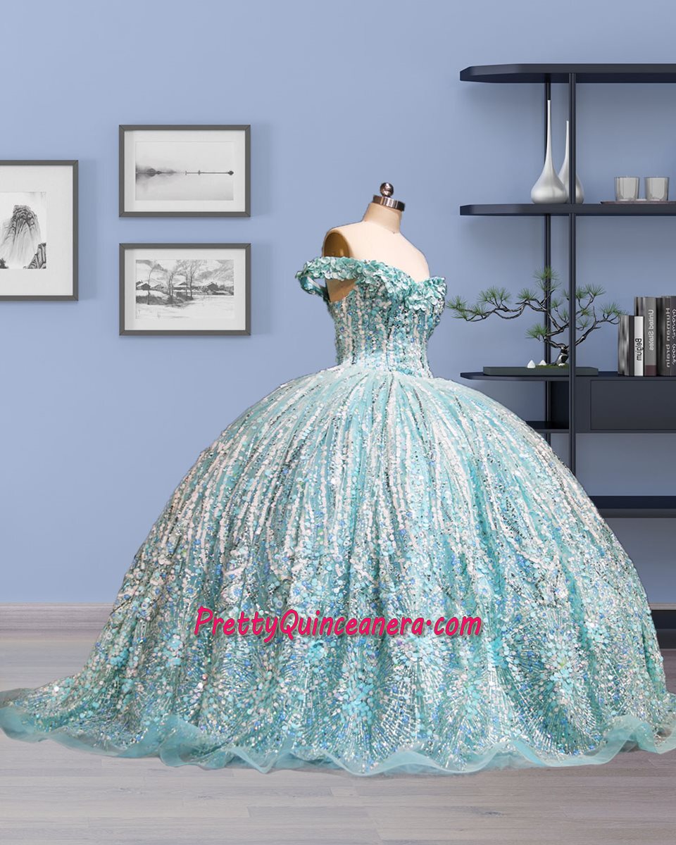 Glitter Light Mint Off Shoulder 3D Floral Sequins Sweep Train Quinceanera Dress