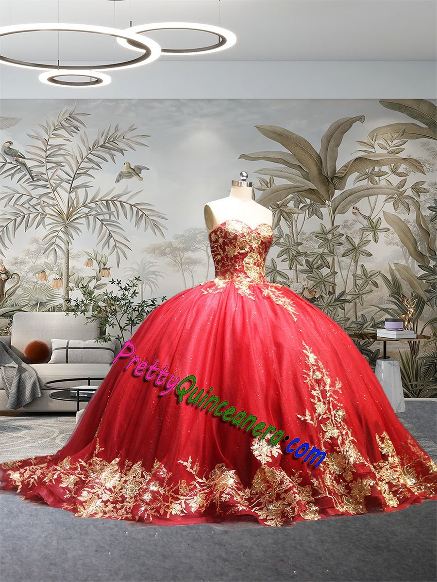 Glitter Red and Gold Sequined Appliques Sweep Detachable Choker Quinceanera Gown