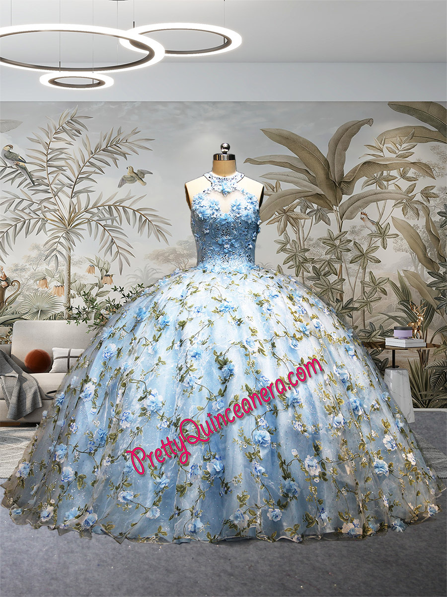 Halter Neckline Organza Sparkle Tulle 3D Floral Print Quinceanera Dress Crystal Beaded