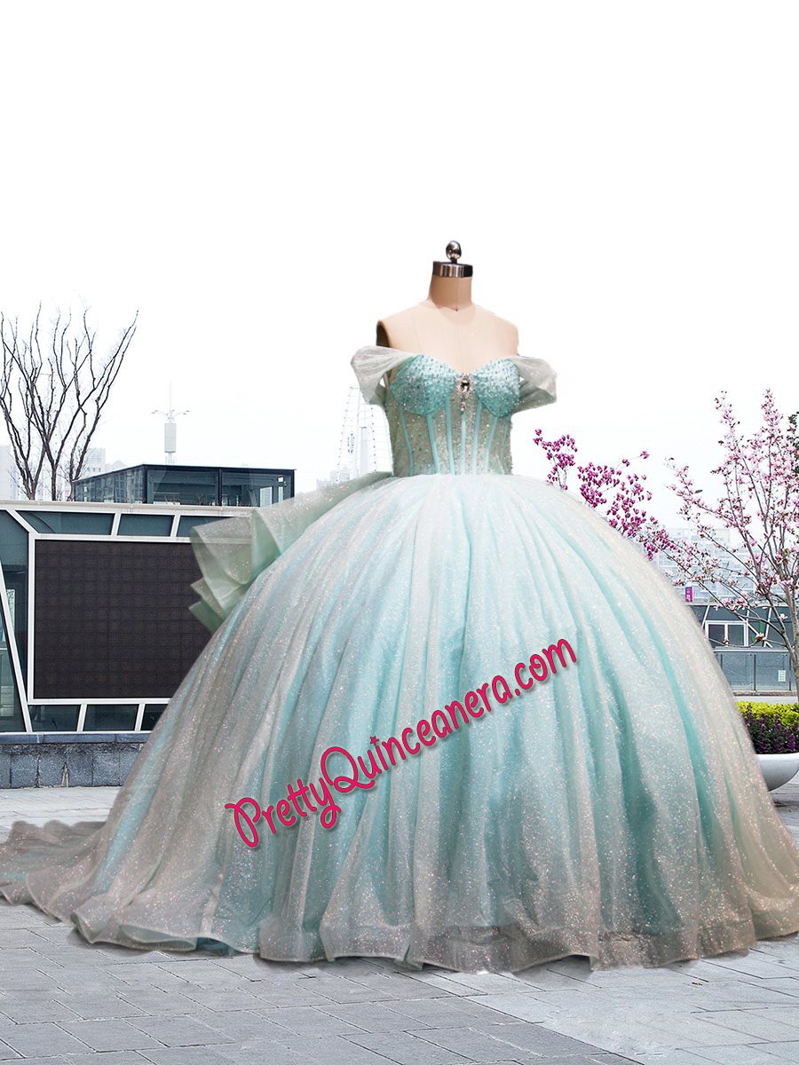 Ligth Mint Sparkly Tulle Pearls Beaded See Through Top Quinceanera Dress