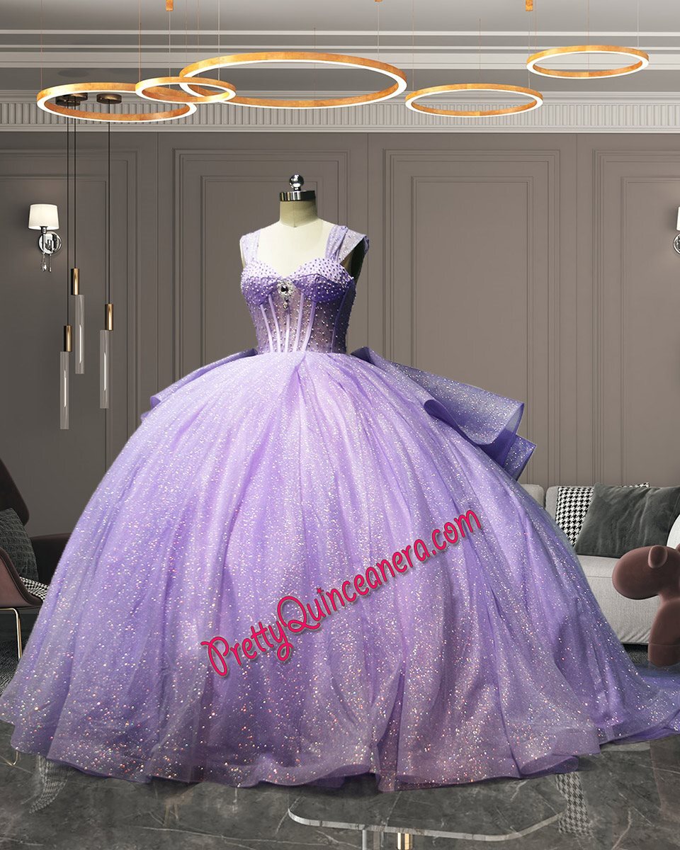 Lilac Glitter Tulle Tiered Layers Off Shoulder Quinceanera Dress Light Purple