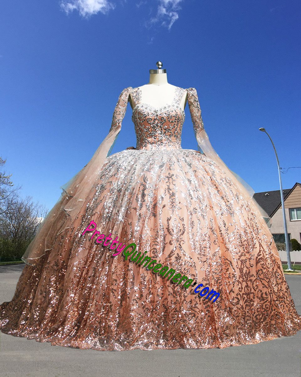 Ombre Patterned Sequin Quinceanera Gown with Detachable Oversized Bell Sleeves and Back Bow