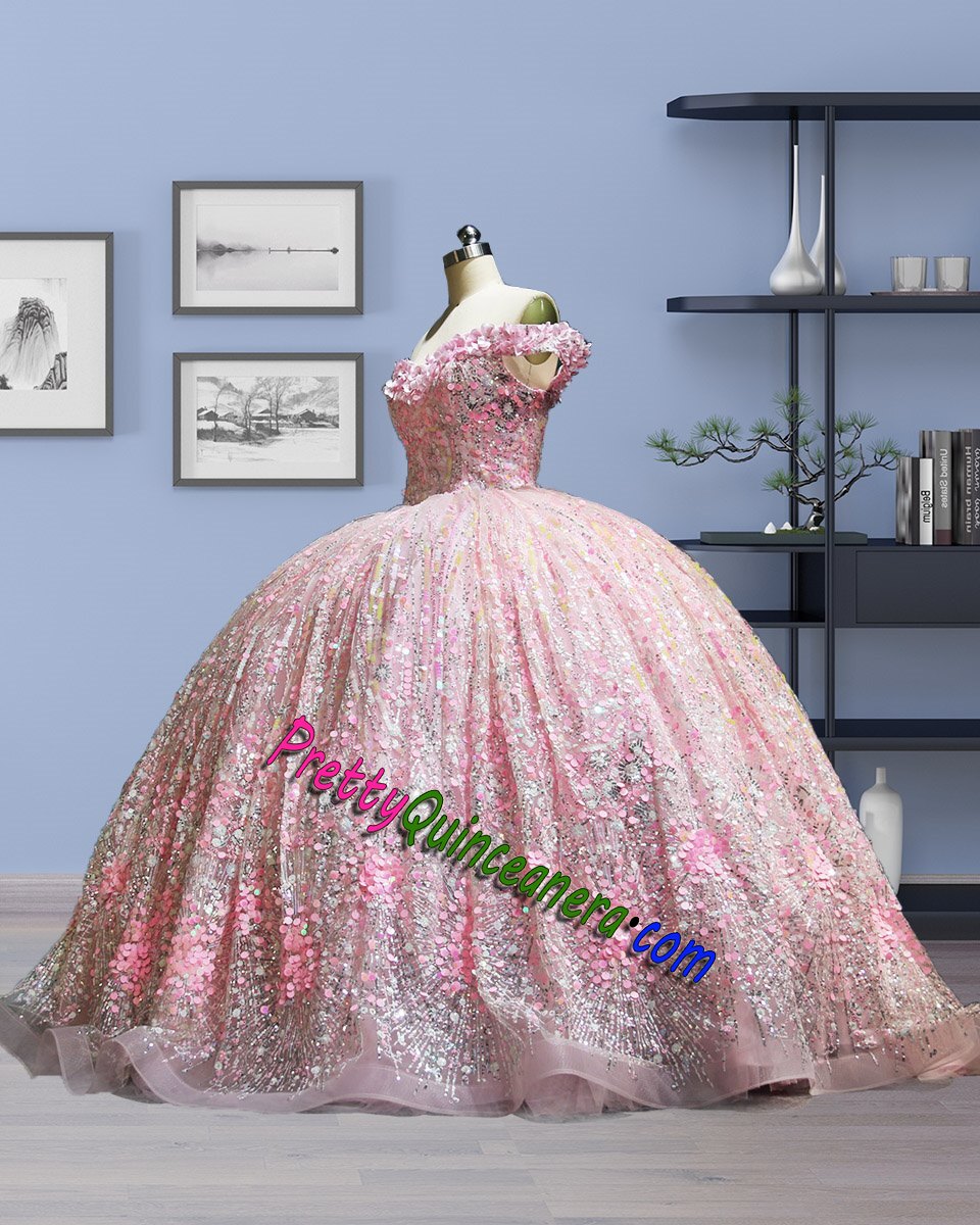 Pink Full Sequin Off Shoulder 3D Floral Short Train Quinceanera Dress