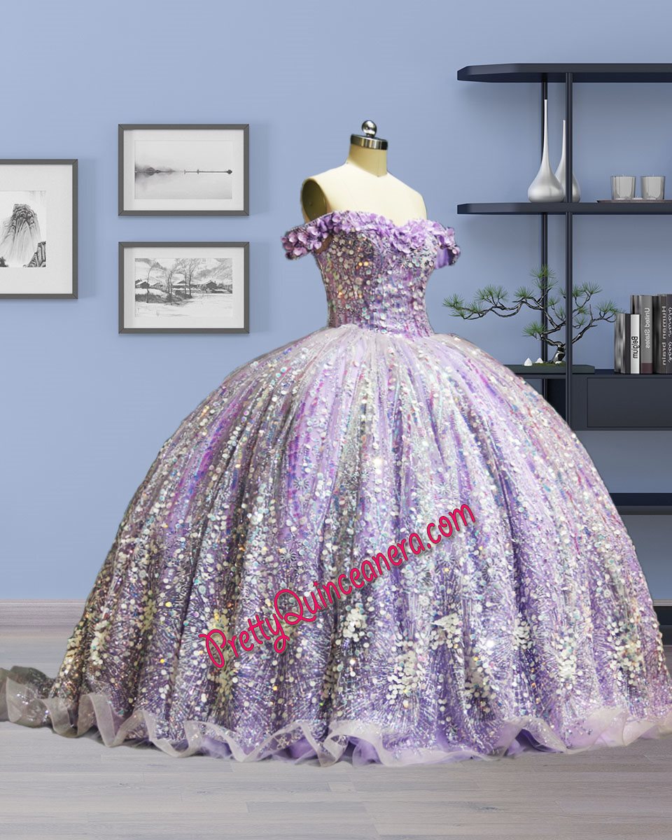 Puffy Lilac Charro Sequins Quinceanera Dress Sparkle Mexican Sweet 16 Dress with Sweep Train