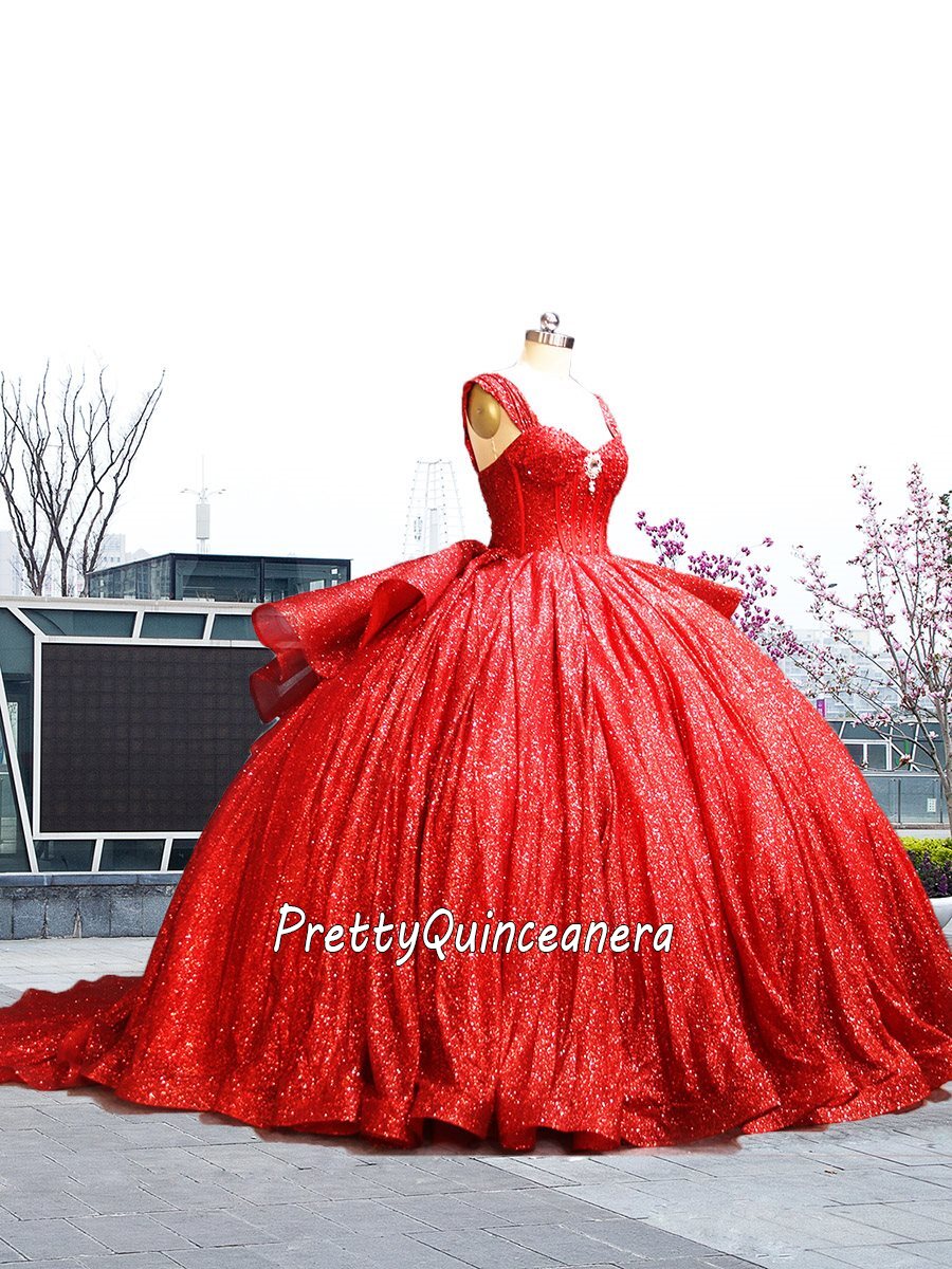 Red Shiny Tulle See Through Beaded Top Cap Sleeve Quinceanera Dress with Train