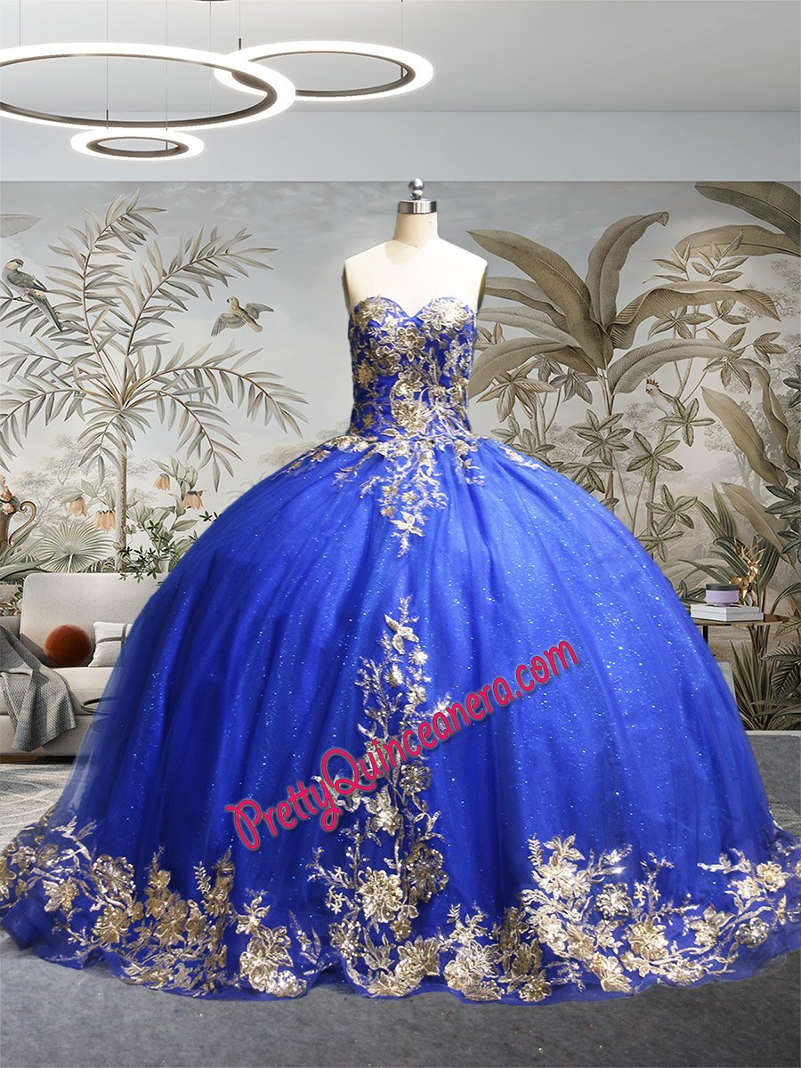 Royal Gold Sequined Floral Appliques Tiered Horsehair Hem Quinceanera Dress