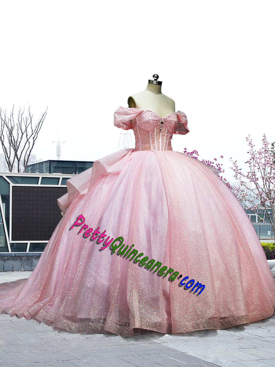 Shiny Princess Beading Ball Gown Pink Quinceanera Dress Vestidos De 15 Anos
