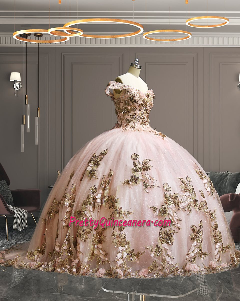 Blush Floral Glitter 3D Sequins and Embroidered Appliques Quinceanera Gown