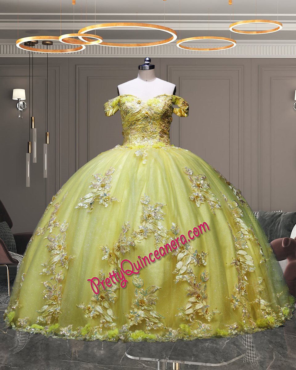 Elegant Bright Yellow Floral Sequin Basque Waist Sparkle Tulle Quinceanera Gown