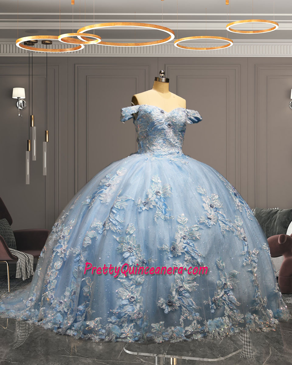 Sparkling Sky Blue 3D Floral Off Shoulder Glitter Tulle Quinceanera Dress