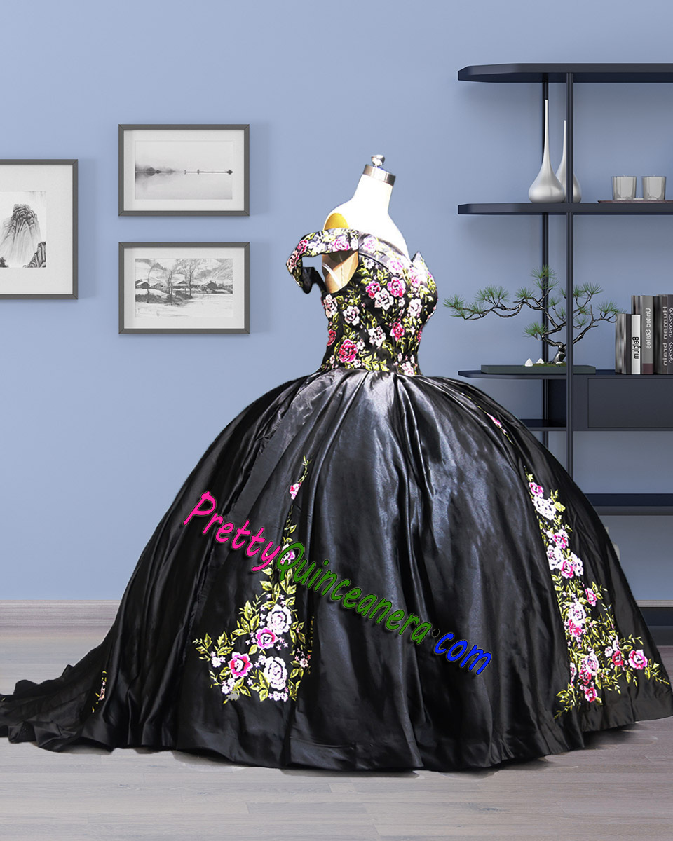 Black Beaded 2 piece Satin Multicolor Floral Embroidery Charro Quinceanera Dress