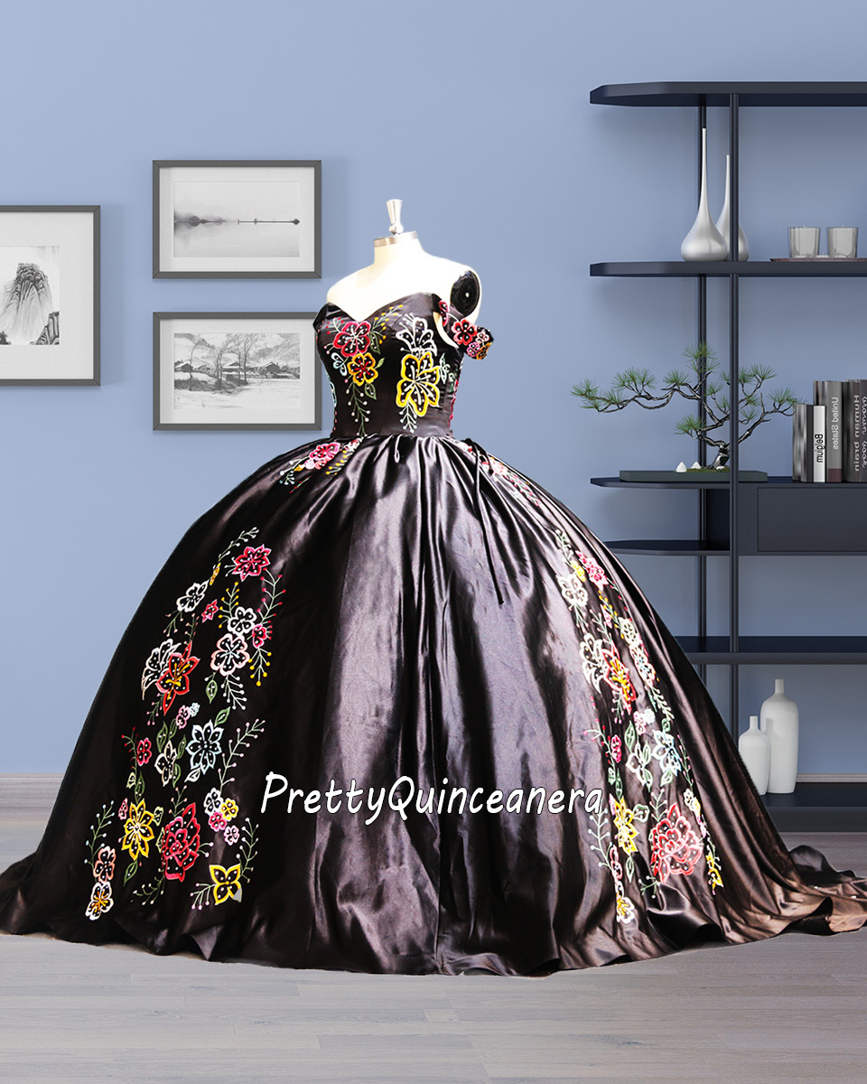 Black Satin Off Shoulder Puffy Ball Gown Charro Embroidery Quince Dress