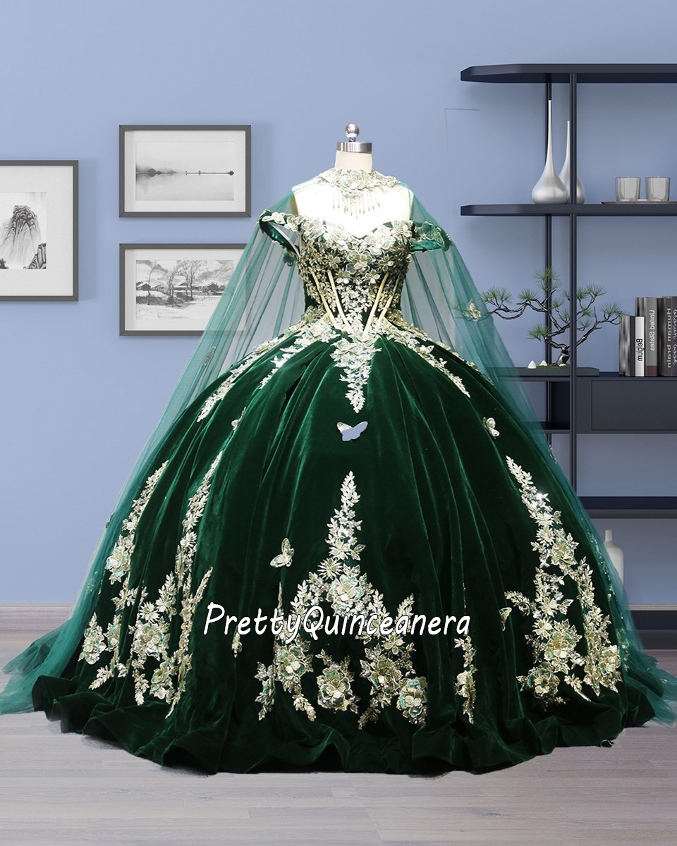 Breathtaking Emerald Velvet Sweep Train Quinceañera Gown with Shimmering Details and Matching Cape