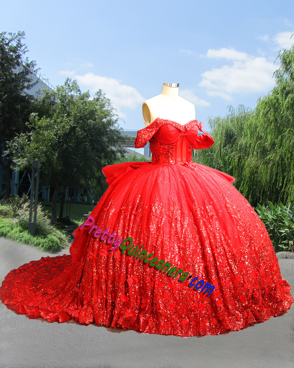 Cap Sleeves Off Shoulder Glitter Lace 3D Floral Long Train Quinceanera Dress