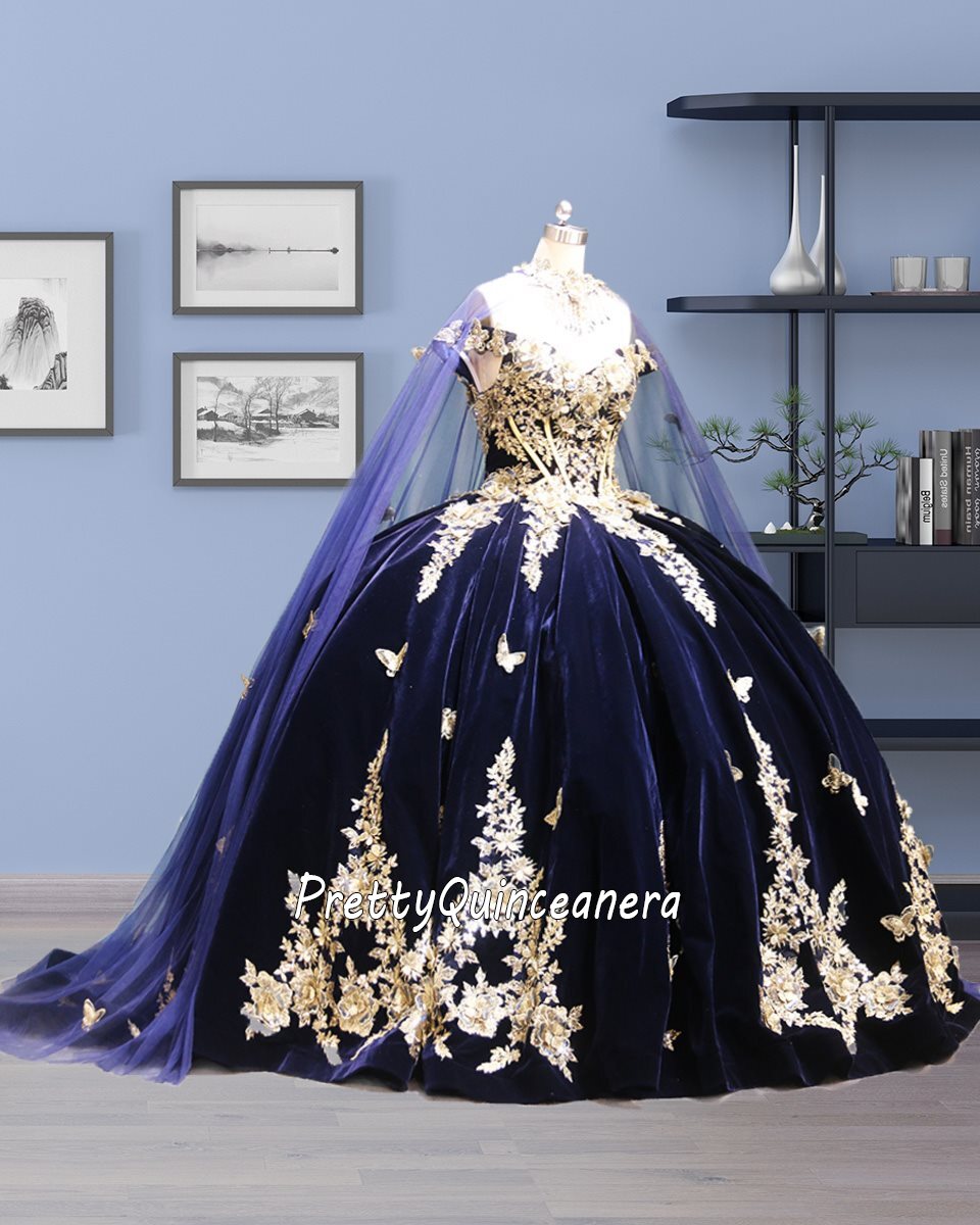 Navy Blue Velvet 3D Flowers and Gold Butterfly Quinceanera Dress with Cape