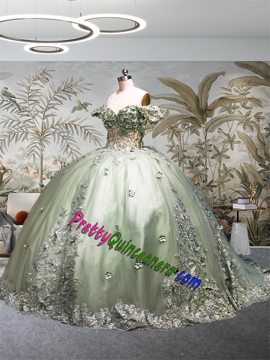 Popular Sage Color 3D Floral Glitter Lace Crystal Beading Quinceanera Dress with Train