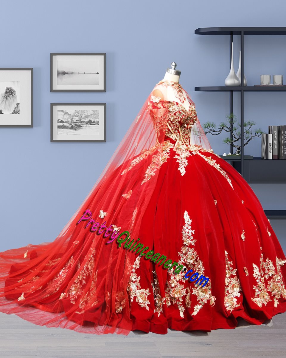 Red Velvet Embroidered Lace 3D Applique Sequins Long Cape Quinceanera Gown